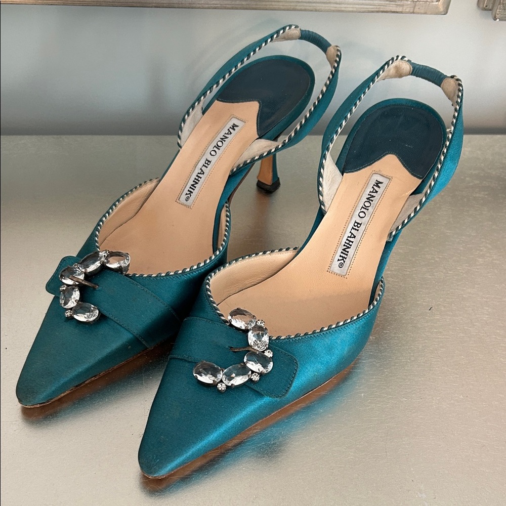 Manolo Blahnik Teal Satin Pointed Slingback Pumps with Crystal Embellishments